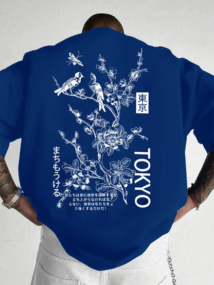 Heren Casual T-Shirt met Bloemen- & Vogelprint - Ademend Polyester, Ronde Hals, Korte Mouwen - Perfect voor de Zomer