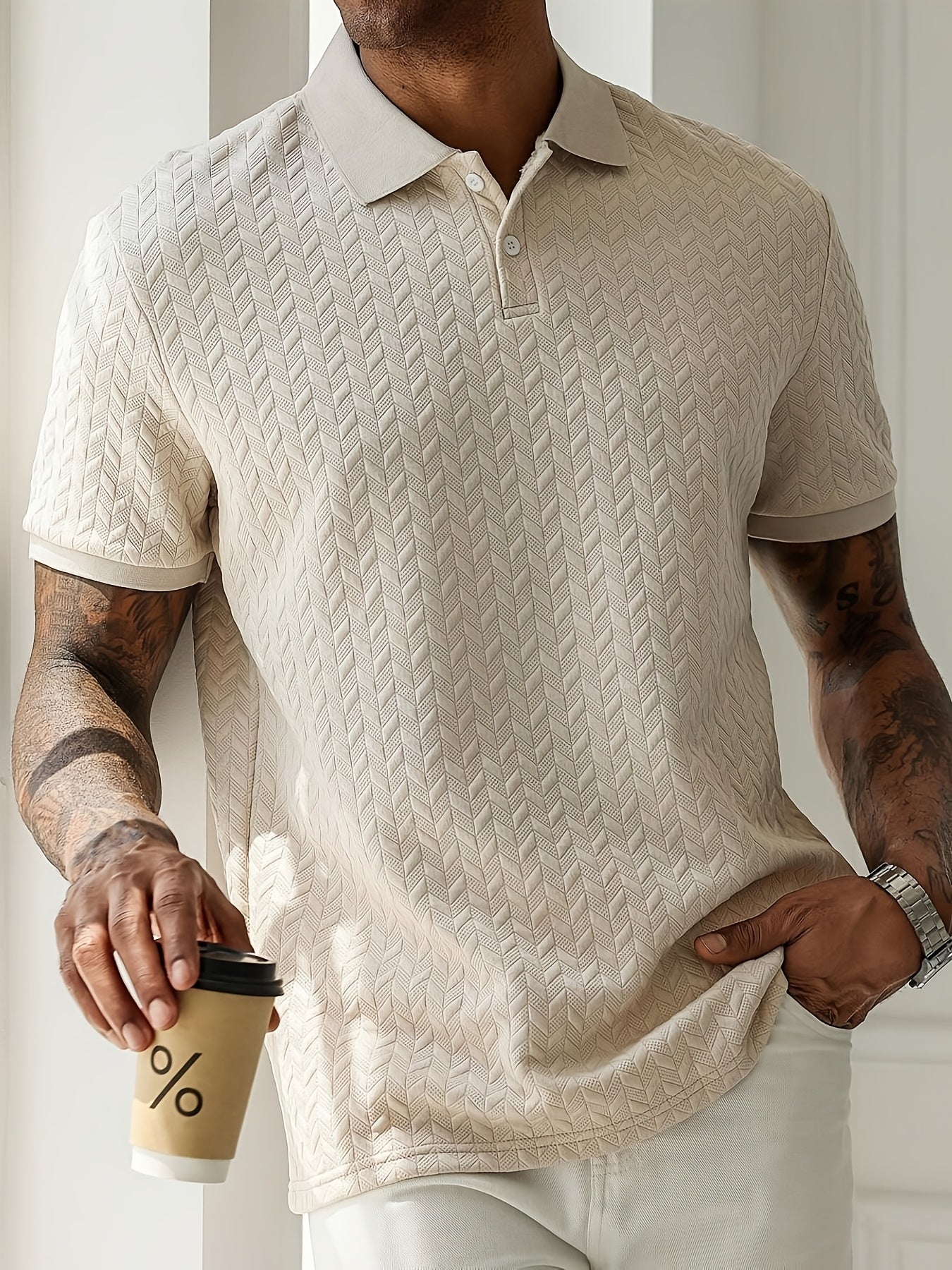 Herens casual polo shirt met revers kraag, korte mouw gebreide stof, 97% polyester 3% spandex, lichte stretch, reguliere pasvorm, zomerdracht - 280gsm