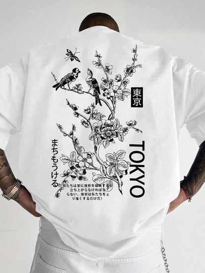 Heren Casual T-Shirt met Bloemen- & Vogelprint - Ademend Polyester, Ronde Hals, Korte Mouwen - Perfect voor de Zomer