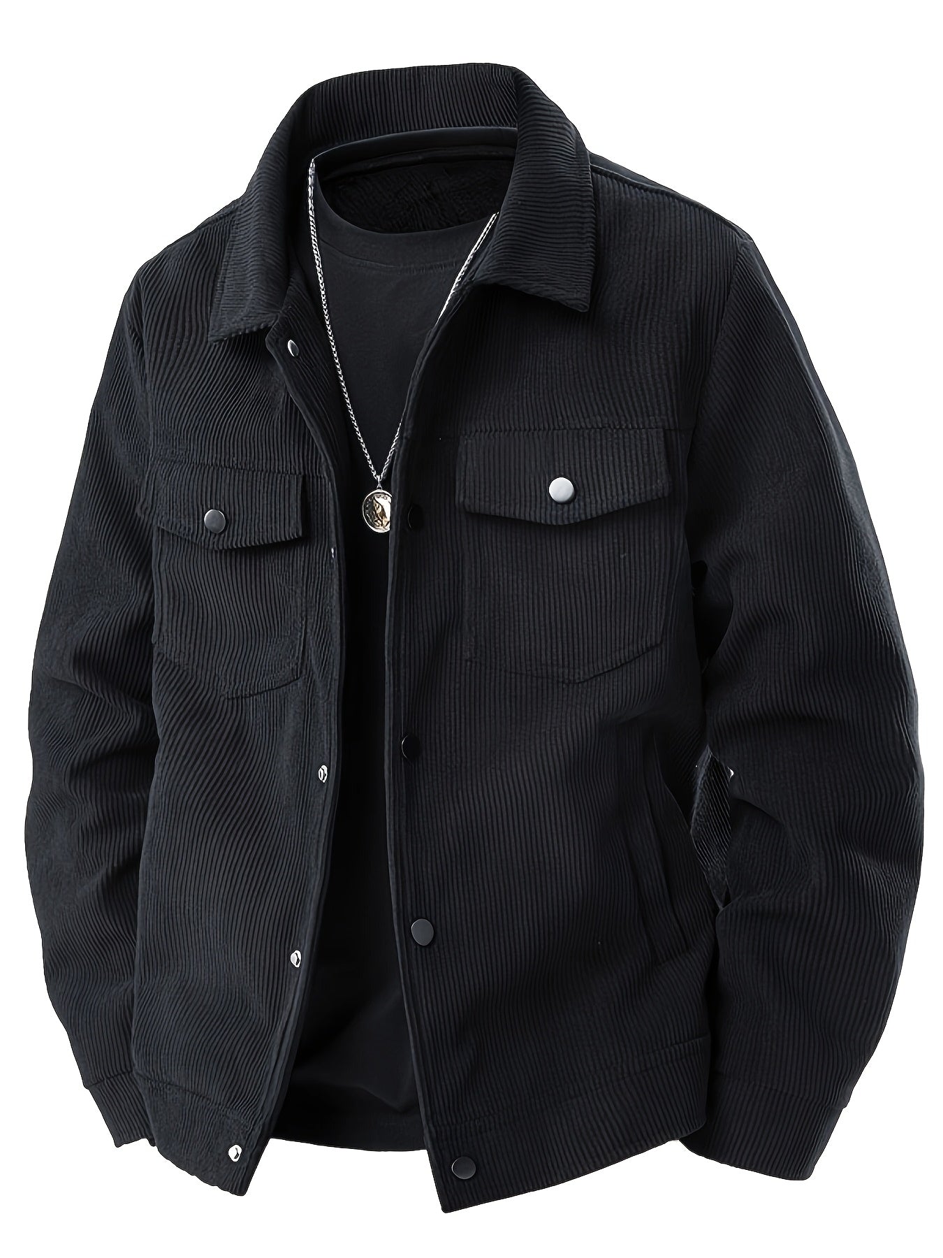 Herencorduroy Cargojack - Zwart, Ontwerp met Meerdere Zakken en Klepzakken, Knoopsluiting, Lange Mouwen, Casual Stijl, Machinewasbaar, Polyester Materiaal