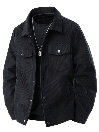 Herencorduroy Cargojack - Zwart, Ontwerp met Meerdere Zakken en Klepzakken, Knoopsluiting, Lange Mouwen, Casual Stijl, Machinewasbaar, Polyester Materiaal