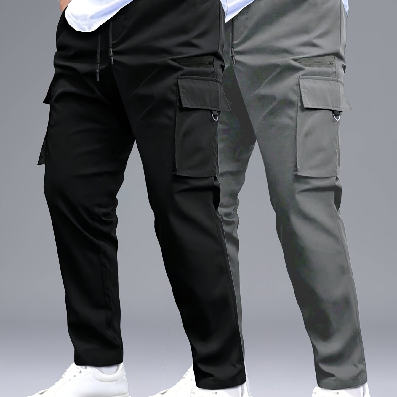 2 stuks Heren Cargo Broeken, Zwart & Grijs met Trekkoord Taille en Meerdere Zakken, Duurzaam Polyester, Ideaal voor Buitenactiviteiten en Casual Dragen, Casual Broeken | Ontwerp met Meerdere Zakken | Duurzame Stof Broeken
