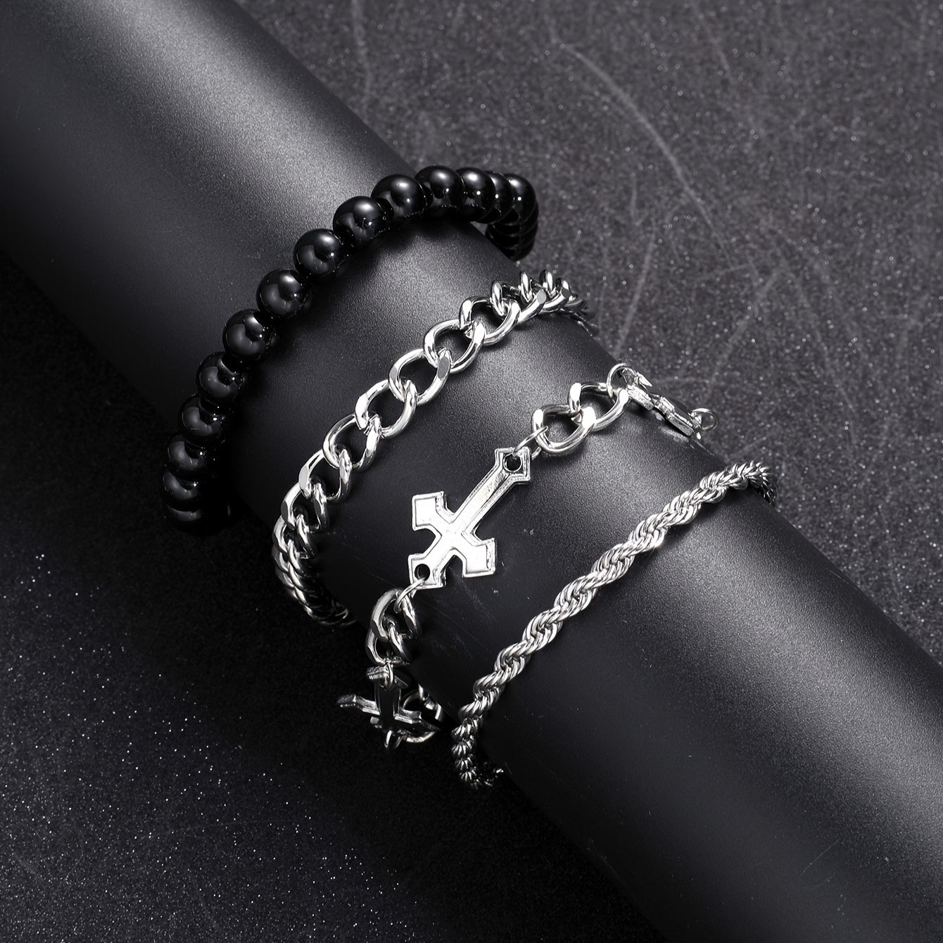 4 stuks eenvoudige stijl ijzeren kruis & kraal armband set, geen hanger, ideaal voor sport, casual dating, feestjes & dagelijks dragen