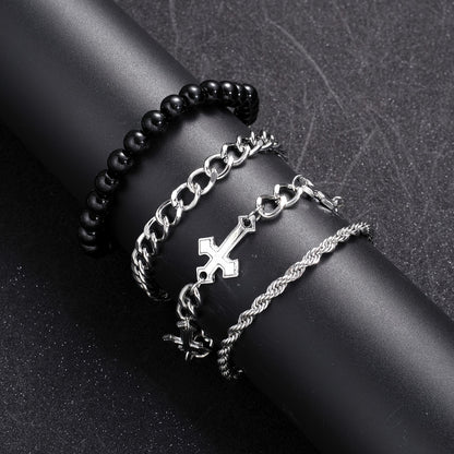 4 stuks eenvoudige stijl ijzeren kruis & kraal armband set, geen hanger, ideaal voor sport, casual dating, feestjes & dagelijks dragen