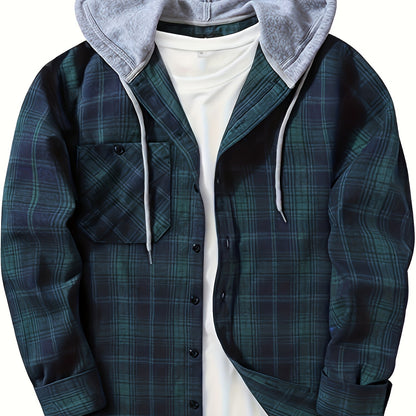 Casual Geruite Herenhoodie met Borstzakje en Verstelbare Trekkoord - Lange Mouwen, Knoopsluiting in Groen/Zwart/Grijs voor Lente & Herfst