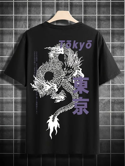 4-Pack Heren Casual Korte Mouw T-Shirt met Tokyo Draak Print, Ademende Polyester Stof, Ronde Hals, Perfect voor Zomerse Buitenkleding