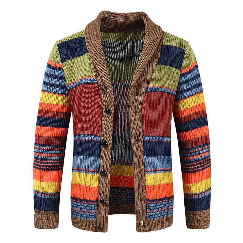 Heren Gestreepte Cardigan met Revers Knoopsluiting