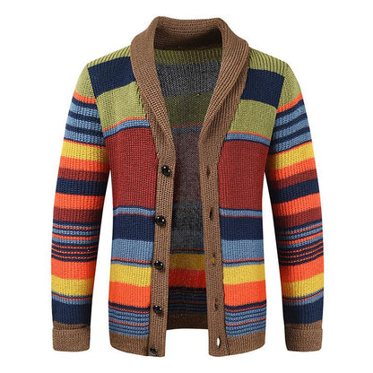 Heren Gestreepte Cardigan met Revers Knoopsluiting